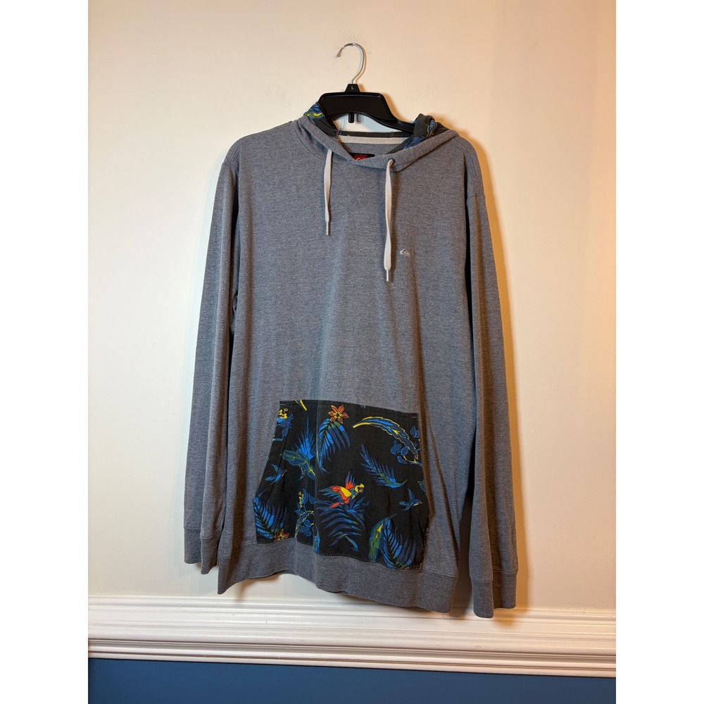 Quiksilver Hoodie Men XL Gray Tropical Parrot Print Pocket Long Sleeve Tee Shirt